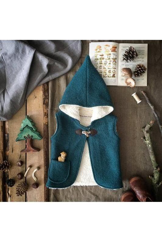 Kleine Schobbejak - Wool Hooded Pixie Vest - Deep Sea Blue - Nature's Wild Child