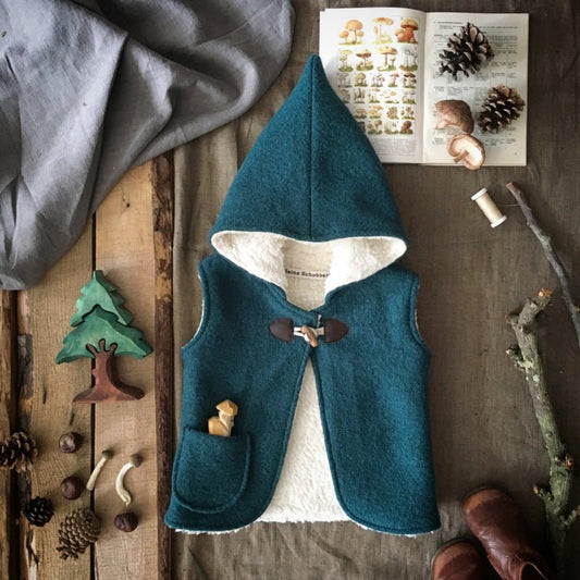 Kleine Schobbejak - Wool Hooded Pixie Vest - Deep Sea Blue - Nature's Wild Child