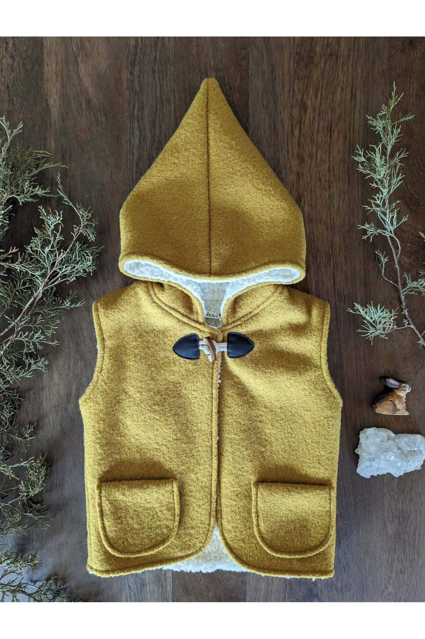 Kleine Schobbejak - Wool Hooded Pixie Vest - Ochre - Nature's Wild Child