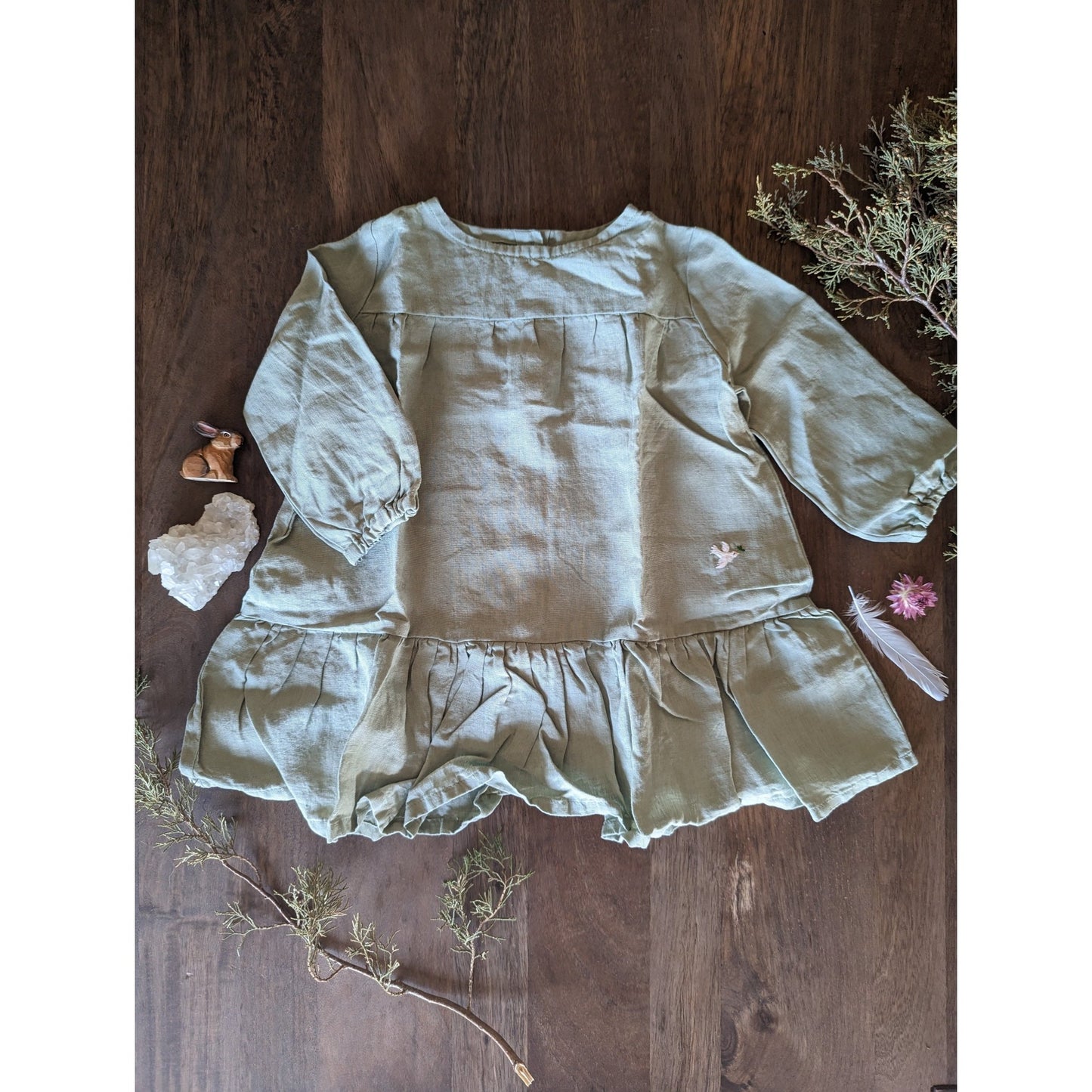 Long Sleeve Linen Peace Dress - Le Petite Alice - Green - Nature's Wild Child