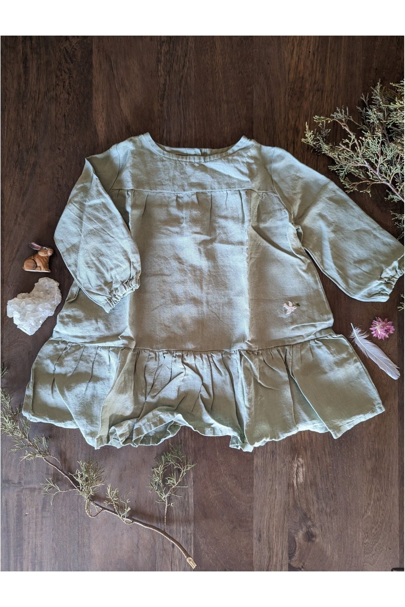 Long Sleeve Linen Peace Dress - Le Petite Alice - Green - Nature's Wild Child